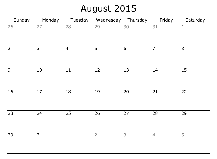 August 2015 Printable Calendar Landscape â Printable Editable